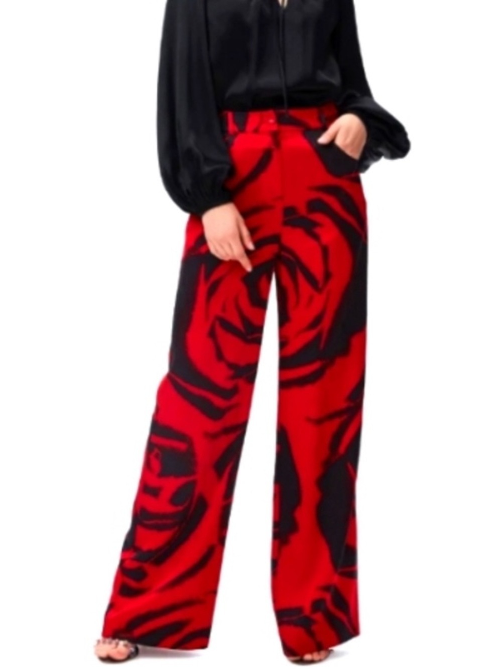 Diane von furstenberg wide leg rose print trouser pants black red size 0